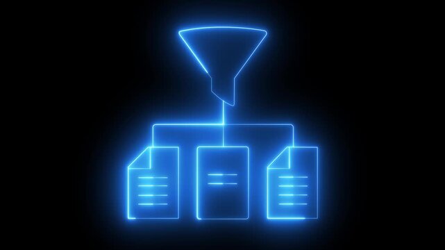 Neon digital data filtering and document processing animation on black background, funnel documents