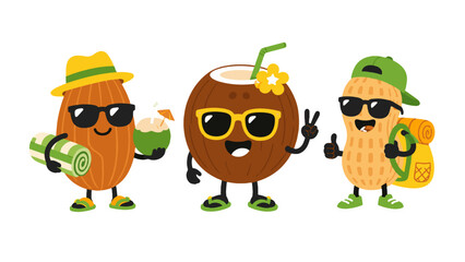 Obraz premium Cartoon nut characters with beach accessories and coconut drink