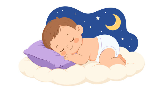 Cute sleeping baby on cloud with moon and stars illustration