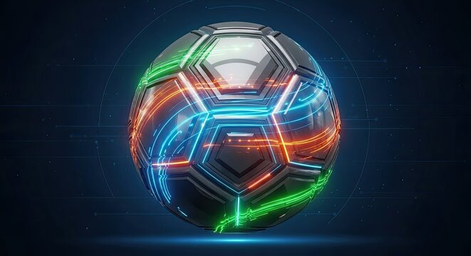 Futuristic soccer ball with neon glow and circuitry design
