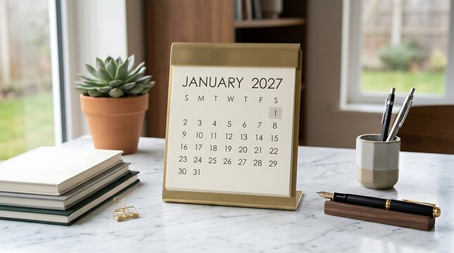 Modern desk with January 2027 calendar, plant and stationery, planning and organization.