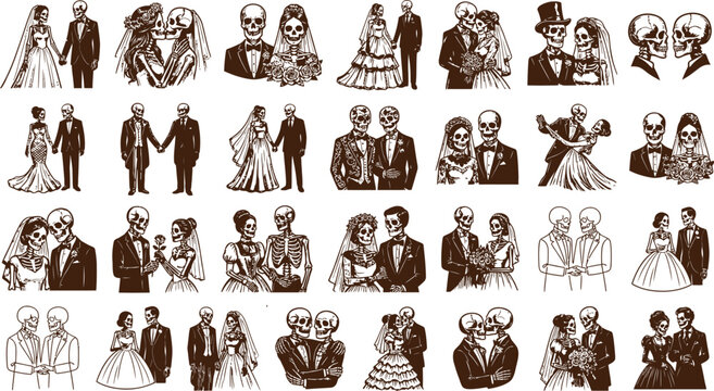 Set of skeleton wedding couples in vintage engraving style for romantic gothic celebration decor projects