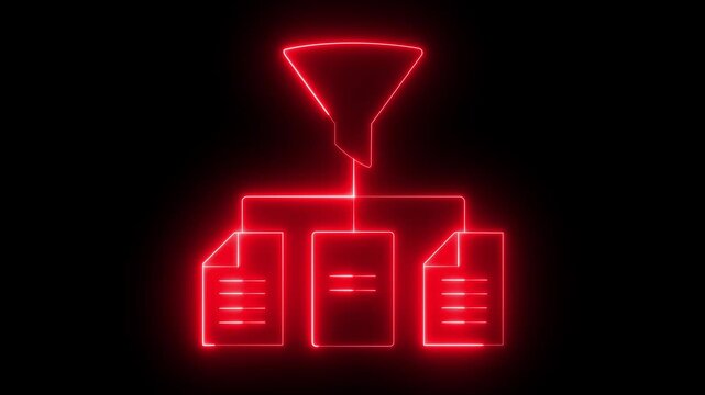 Neon red data filtering and document processing flowchart animation funnel documents