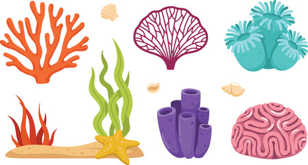 Underwater Ocean Coral Reef Element Set with Seaweeds Sea Plants Starfish Shells and Colorful Sea Anemone Marine Life Vector Illustration for Graphic Designs © MstAkhlima