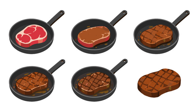 Vector set of steak cooking stages in frying pans