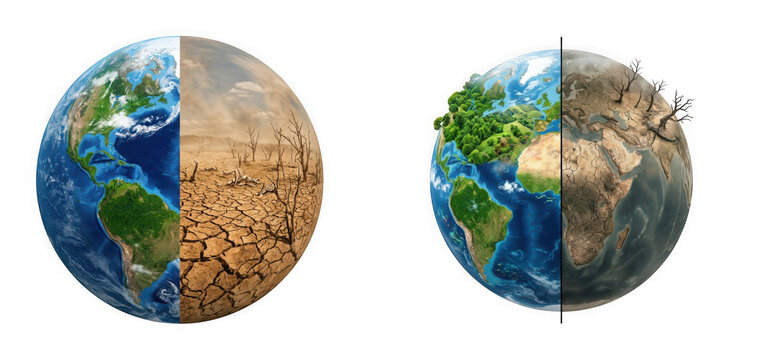 Conceptual image of climate change showing a healthy earth versus a dry, barren, and dead planet isolated on transparent background