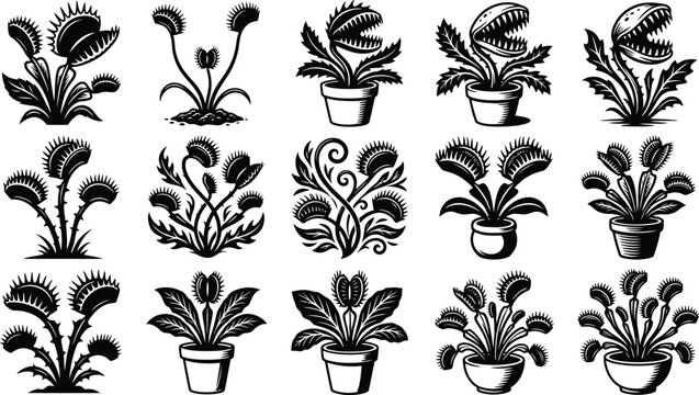 Set of venus flytrap carnivorous plant icons displayed in pots for botanical and science projects