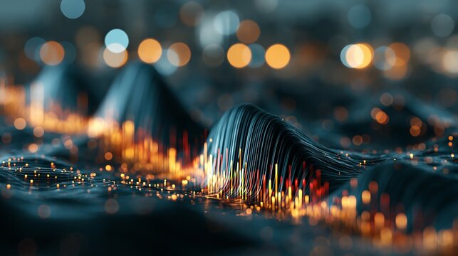 Abstract digital landscape featuring glowing data waves and bright orange particles on a dark surface