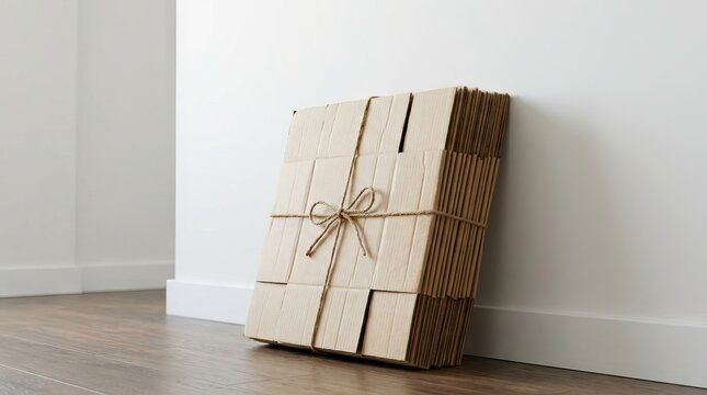 Stack of cardboard panels tied with twine against a white wall.