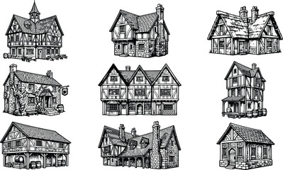 Obraz premium Traditional european timber frame architecture set featuring historical medieval houses in detailed engraving style
