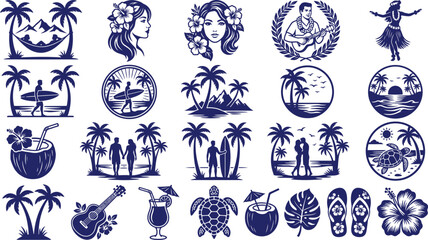 Obraz premium Tropical summer vacation icons collection featuring beach palms surfboards and hula girl silhouettes for design
