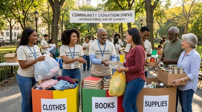 Volunteers collect donations for International Day of Charity, sorting clothes, books, and supplies.
