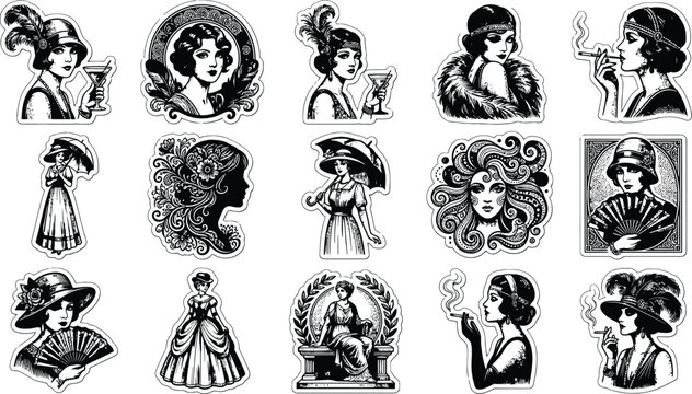 Vintage lady collection with feathered hats and accessories in detailed ink drawing style for creative projects