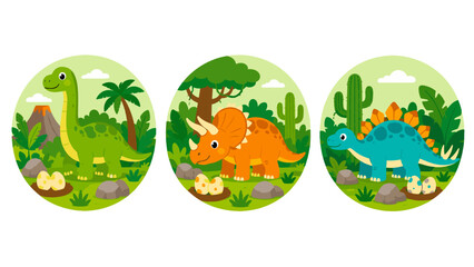 Naklejka premium Cartoon dinosaur trio with eggs in lush round jungle scenes