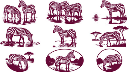 Obraz premium Zebra animal silhouettes in various poses drinking water for safari themed creative print graphic designs