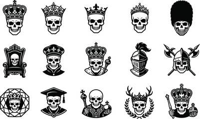 Obraz premium Silhouette of skulls wearing crowns and royal regalia in black and white