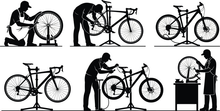 Bicycle repair and maintenance silhouettes set