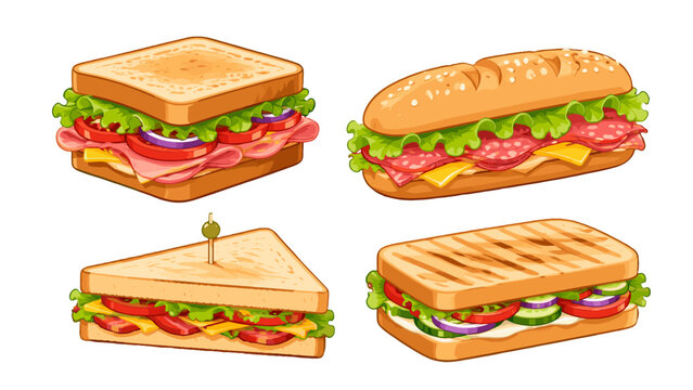 Cartoon sandwich set with layered fillings and toasted bread