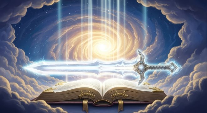 A luminous double-edged sword forged from divine light rests atop an open holy book amidst swirling celestial clouds and ethereal glowing rays, atmosphere, truth, faith