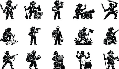 Pirate silhouette icons set various pirate activities and characters in black silhouettes © MD
