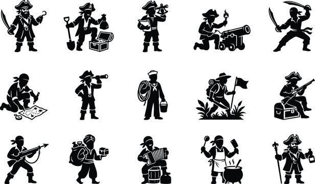 Pirate silhouette icons set various pirate activities and characters in black silhouettes