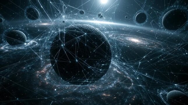 Celestial data architects building neural networks across galaxies, glowing information streams connecting planets and stars, cinematic and futuristic AI concept, surreal cosmic visualization.