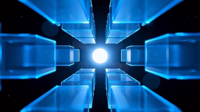 Blue geometric shapes converge on light