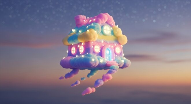 Fantasy cloud house with fairy lights floating in a dreamy sky scene