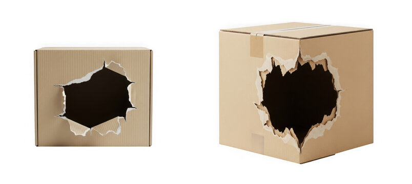 Two cardboard boxes with holes torn in the front, isolated on transparent background