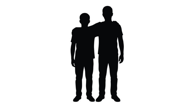 Minimalist black vector illustration showing two male friends standing together with arms around each other