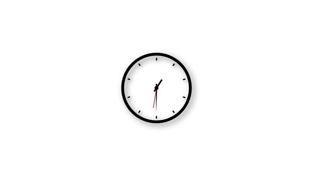 A minimalist flat design motion graphic displaying a classic round analog wall clock with hands spinning rapidly forward over an isolated white background.