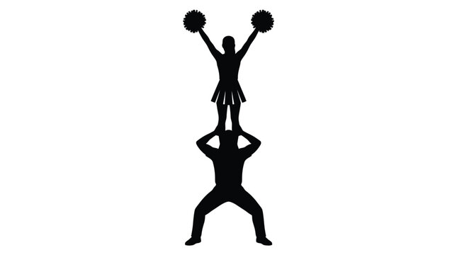 Black silhouette vector illustration of a cheerleader performing a stunt held by a male athlete
