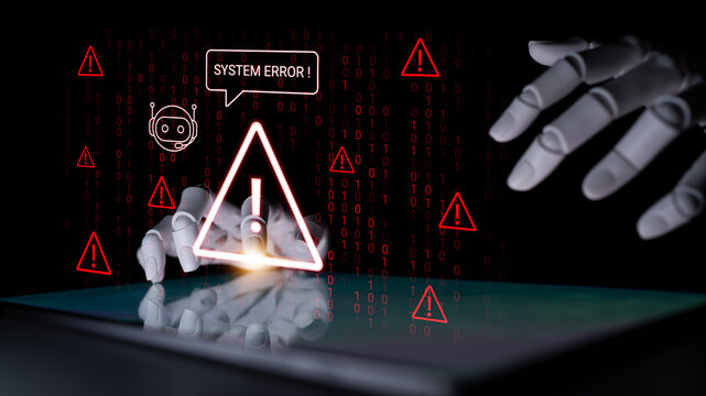 A digital scene depicting a robotic hand interacting with a tablet screen, showcasing a system error message against a backdrop of binary code, highlighting technology challenges. Cyphers
