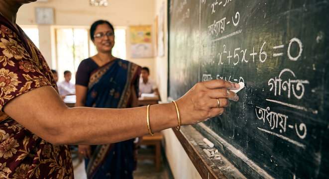 Educator's Touch: A teacher guides students through a complex equation on a blackboard, fostering a nurturing learning environment.