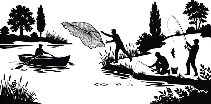 Fishermen and casting net outdoor fishing silhouette set