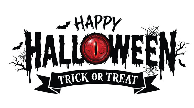 Spooky happy halloween vector illustration featuring a realistic red monster eye and dripping black typography