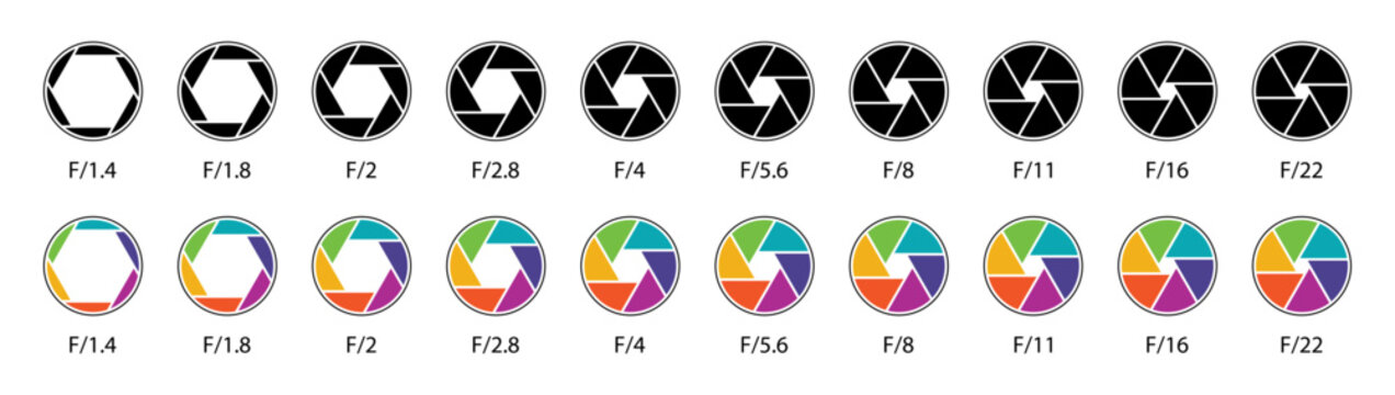 Camera shutter aperture icon set, Black and color lens diaphragm symbols with f stop values from F1.4 to F22 for photography, exposure and lens settings, Vector illustration