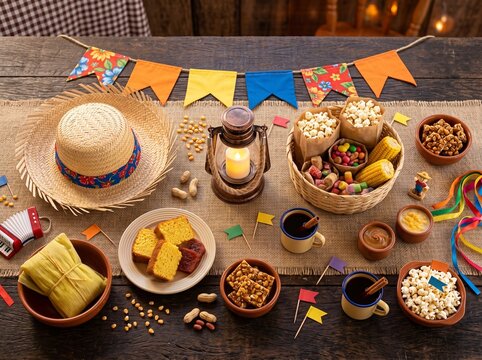 Mesa decorada para Festa Junina com lanterna acessa , chapeu de palha bolo de milho doces e pipoca