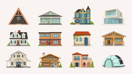 Fototapeta premium Set of twelve different style house vector illustrations for real estate or design projects . Vector Flat Illustration.