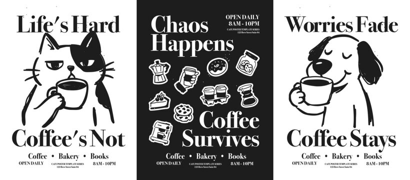Funny coffee quote posters set with hand drawn black white cat and dog characters for coffee shop or cafe wall art print. Vector illustration