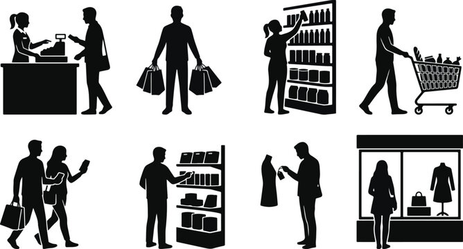 Shopping and supermarket people silhouette set