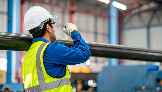 A asian construction worker wearing a hard hat and safety vest carries a long pipe over his shoulder in a factory setting