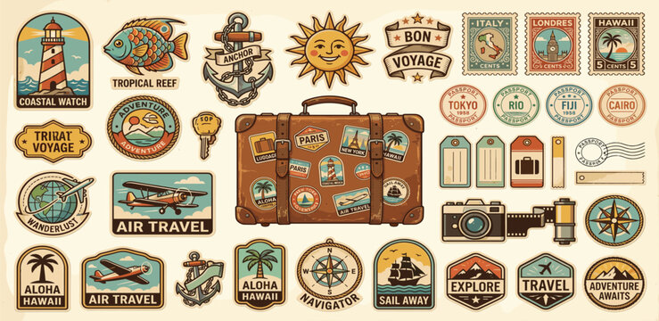 Travel journey stickers in retro cartoon style. Vintage stamp elements: suitcase, lighthouse, fish, anchor, sun, bon voyage labels, decorative frames. Vacation and adventure concept 