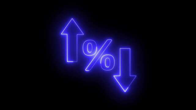 Neon percentage symbol with up and down arrows, financial market fluctuation concept, glowing blue interest rate
