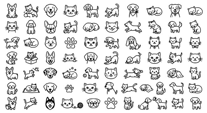 Cute Dogs and Cats Doodle Icon Set with Hand Drawn Pet Faces and Line Art