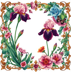 Fototapeta premium Vintage Floral Iris Frame Vector Border with Elegant Botanical Flowers Decorative Wedding Invitation and Greeting Card Design