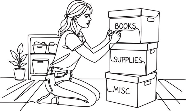 woman stacking boxes in a room with books supplies and misc