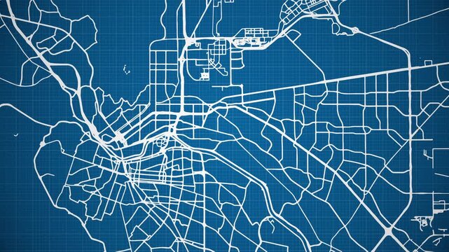 Ink reveal animation of El Paso city, Texas (TX), United States of America, grid map. Aerial top view. Blueprint style. White lines with blue background. 4K Seamless loop.