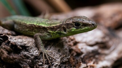 Fototapeta premium An adorable and mischievous lizard rests peacefully on a log inside a cozy home setting