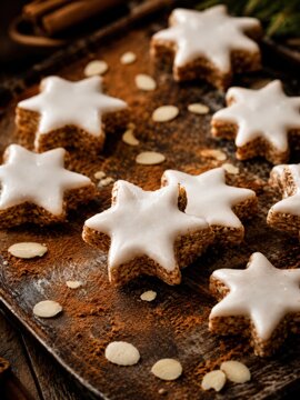 Klassische Zimtsterne auf rustikalem Teller mit Sternanis, Zimtstangen und Weihnachtsdekoration. Traditionell deutsches Weihnachtsgeb&auml;ck f&uuml;r Advent und Feiertage.